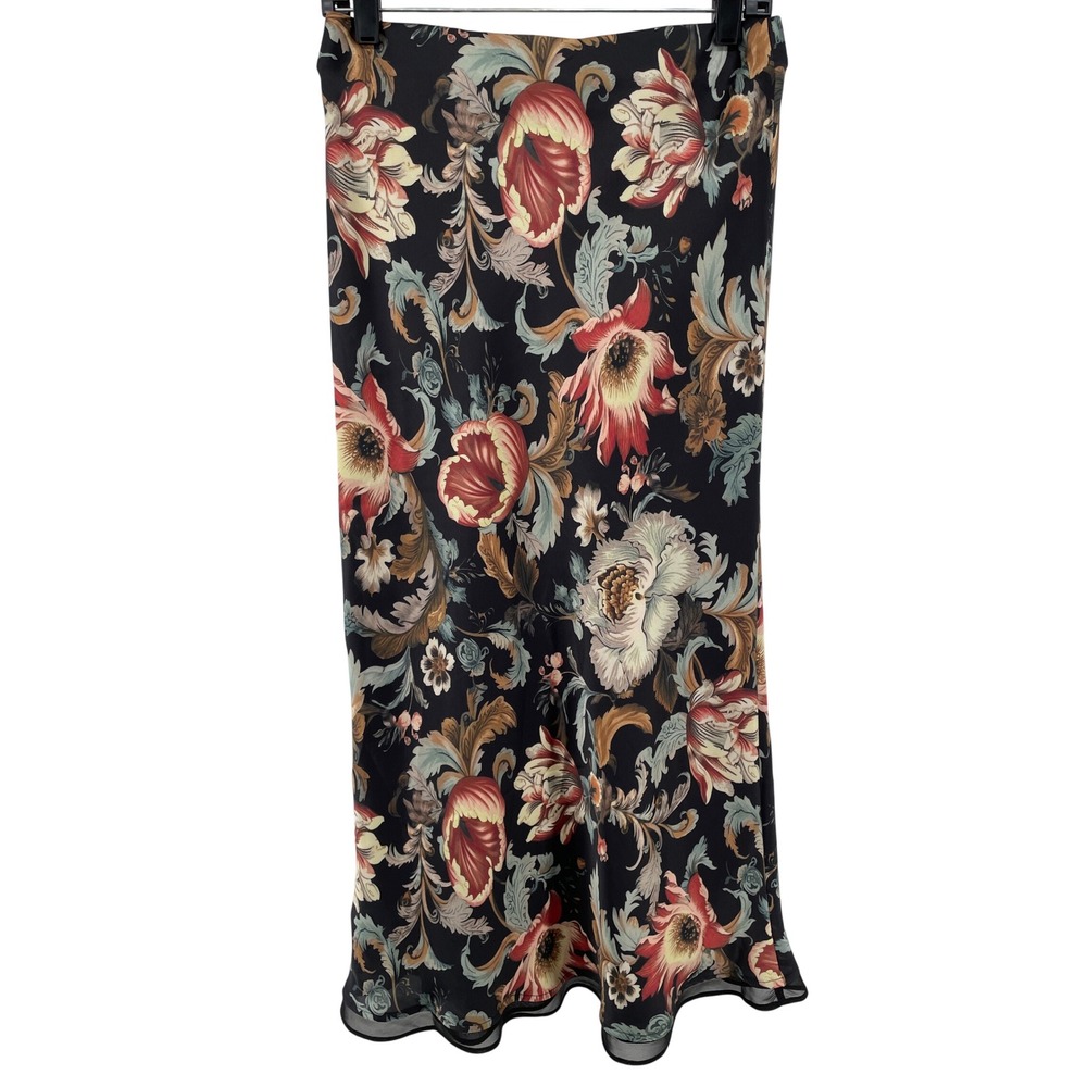 T Tahari Floral Midi Skirt Womens Small Black Red Botanical Whimsigoth Flowy